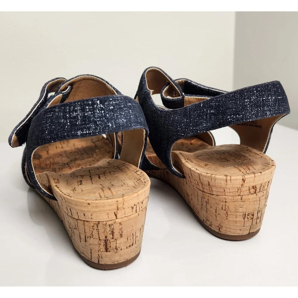 Women's Navy Shimmer Leather Cork Wedge Sandals Adjustable Straps Blue 9M